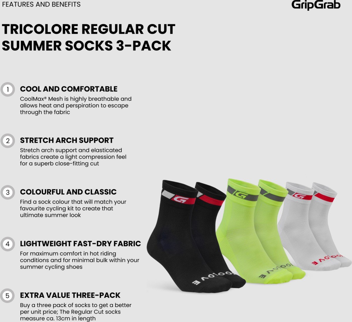 GripGrab Tricolore Regular Cut 3PACK Black/White/Fluo Yellow S - Afbeelding 2